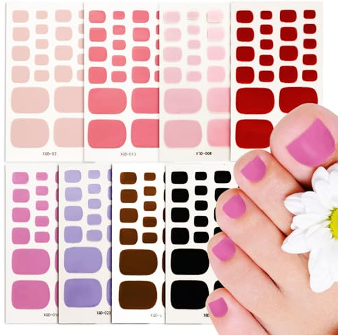 8 Pure Colour Toenail Polish Wraps - Soft Self-Adhesive Nail Strips