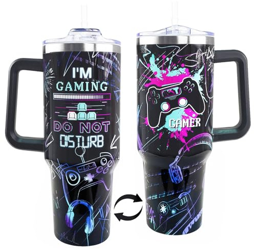 1,2 l Gaming Tumbler mit Griff und Strohhalm – Kaffeetasse für Männer mit coolem Gaming-Zubehör – einzigartige Valentinstagsgeschenke für Teenager und Jungen