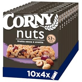 Corny Nuts Barrette Frutta Secca e Uvetta, Senza Olio di Palma, Fonte di Fibre, 4 Barrette da 24g, Confezione da 10 Scatole