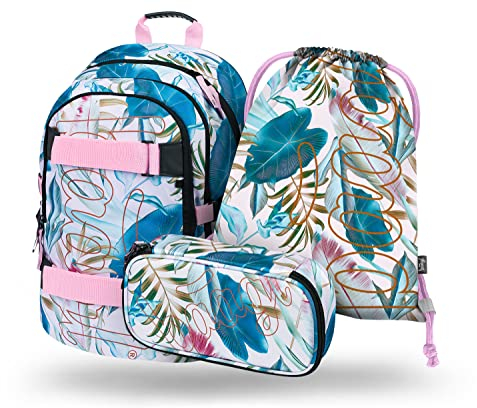 Baagl Schulrucksack Set Jungen Mädchen 3 Teilig, Schultasche ab 3. Klasse, Grundschule Ranzen mit Brustgurt, Ergonomischer Schulranzen (Skate Leafs)