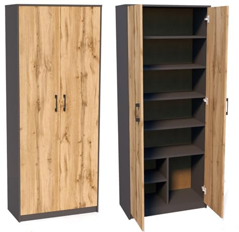 KUBUTKU Praktische Schrank 180 cm Kleiderschrank mit 2 Türen 6 Ablagen Groß Mehrzweckschrank Büroschrank Haushaltsschrank (Graphit/Wotan)