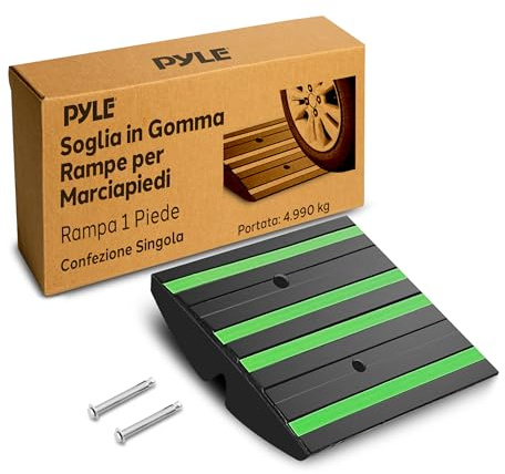 Pyle Rampa Auto in Gomma 30×41×6,5 cm Antiscivolo con Strisce Riflettenti Verdi, Rampe per Auto, Rampa Moto con Tasselli per Vialetti e Garage