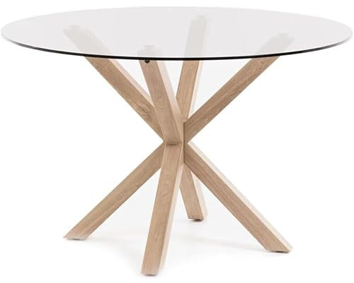 Noorsk Design Mesa Redonda de Comedor de Cristal - Patas Metálicas Acabado Efecto Madera (1.2 Metros de diámetro)