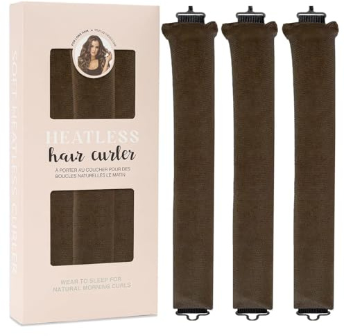 3PCS Heatless Hair Curling Rod & Headband Set for No-Heat Overnight Curls - Long Hair Styling (Brown-Boxed)