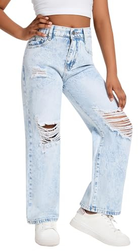 Happy Cherry - Pantalones vaqueros de niña con lavado desgastado, azul, con agujeros, denim, pantalones para niños, cintura elástica, jeans vintage, pierna ancha, tallas 130-160, azul claro, 160