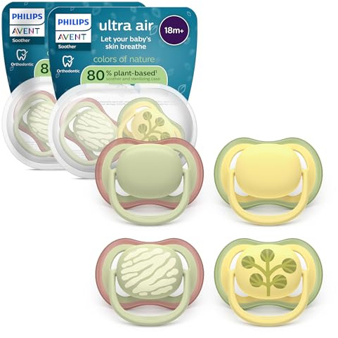 Philips Avent ultra air Schnuller – kiefergerecht geformtes Design, für Babys ab 18 Monaten, weicher, symmetrischer Silikonsauger, BPA-frei, mit 2 Sterilisationsbehältern, 4er-Pack, SCF349/55