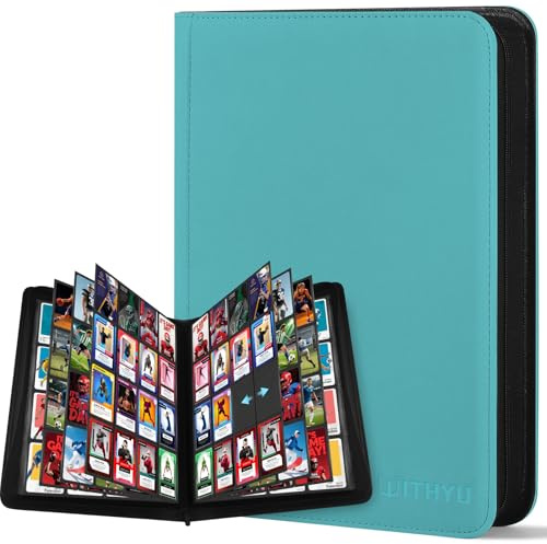 WITHYU Álbum de Colección de 16 Bolsillos, Capacidad 1024 Cartas. Carpeta Impermeable de Carga Lateral con Cremallera para TCG, Fútbol y Cartas Coleccionables, Portátil (Azul Agua)