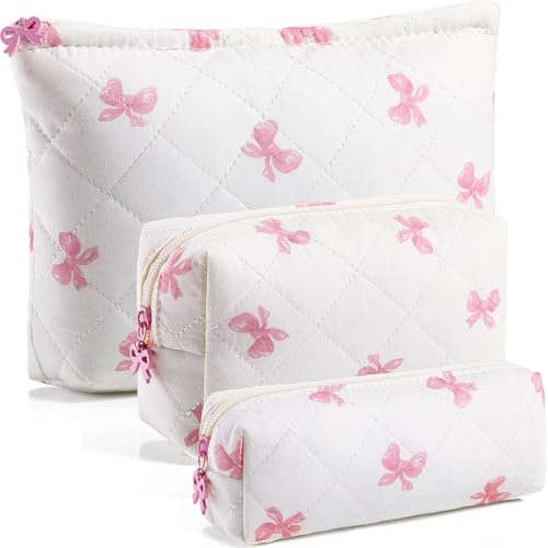 Paterr 3 Pcs Makeup Bag Quilted Cotton Cosmetic Pouch Set, Bow, Fresh Color
