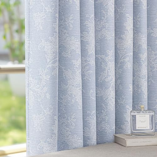 Fmfunctex Blue Floral Jacquard Blackout Eyelet Curtains 72 Inch Drop Pair | 52 x 72 Inch, Bedroom, Living Room, Farmhouse Chenille Scroll Flower Drapes, Thermal Insulated, Energy Saving, Room Darkening