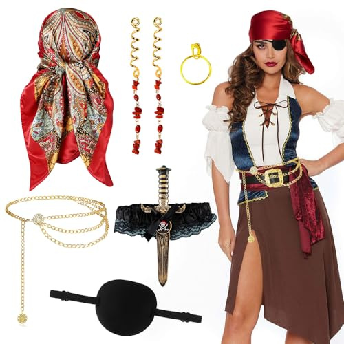 Lotvic Accessori Pirata Donna, 7PCS Bandana Pirata Donna, Bandana Fascia Vita Collana Orecchini Anello Bracciale Benda sull'Occhio, Accessori per Costume da Pirata per Halloween Carnevale