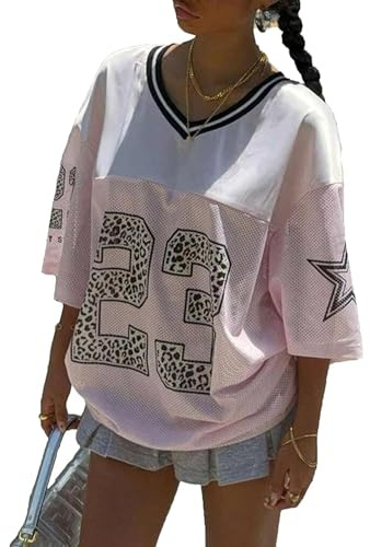 Anuedgis Women's Y2k Oversized Jersey Shirts Cute V Neck Number Graphic Basketball T-Shirt Summer Going Out Varsity Top Aesthetic Clothes