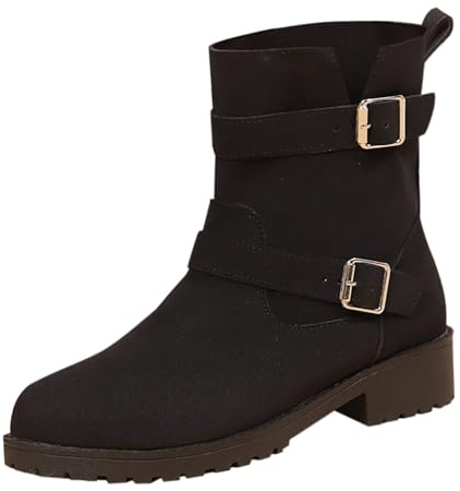 Cocila Botines Informales De Con Goma, Cremallera Lateral, Tacón Grueso Y Hebilla Cinturón Para Mujer Primavera Otoño Camperos Hombre Botas Altas Planas Negras Impermeables Vestir Piel Marrones