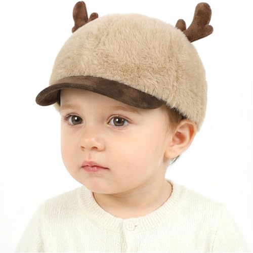 Gorra de Béisbol de Felpa para Bebé Gorro Invierno con Cuernos de Reno Sombrero para Invierno Ajustable Gorro Cálido con Visera para Niños y Niñas Pequeños de 1 a 3 Años
