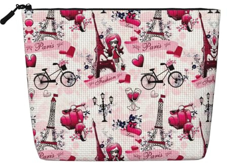 Cityscape Paris Eiffel Tower France Cosmetic Organizer Large Fake Hemp Bag, Water Resistant Zippered Pouch for Daily Travel