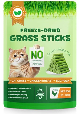 Cat Grass Sticks, 60G Freeze Dried, Grain-Free Cat Treats for Indoor Cats, Gentle Digestive Support & Hairball Control, Lickable Edible Snack, Dental Chews to Encourage Chewing