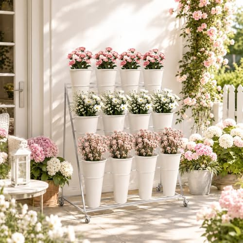 Generico Espositore for Fiori Ferro Battuto, Robusto Mobile, con Ripiani Bouquet Carrello Portafiori Esterno Dotato Secchi Plastica Ruote, for Casa Patio Giardino Matrimoni Feste