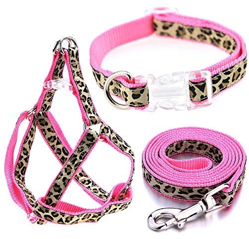 Mile High Life Leopard Dog Harness Collar Leash Set, Adjustable No Pull Dog Halter Harness for Small Breed Dogs, Easy Control for Training Walking (Pink, XS Chest 9-15, Neck 8-12)