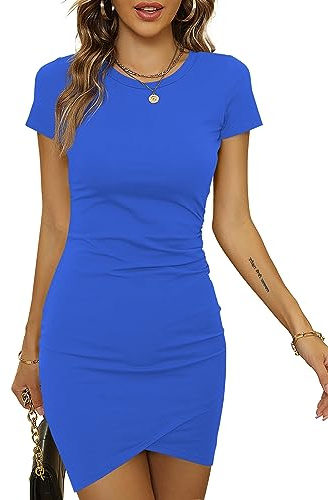 Laughido Femme Robe Moulante T-Shirt À Manches Courtes Mini Robe De Cocktail Froncé D'Été Chic