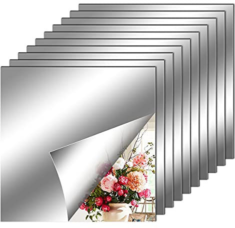 10 Pezzi Adesivi da Parete a Specchio, Specchio Flessibile Adesivo, fogli in materiale morbido Non Vetro Specchi Piastrelle Parete appiccicoso Specchi per Decorazioni Murali Casa (20 x 20 cm)