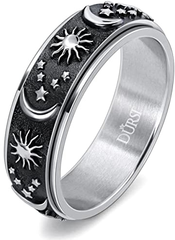 DURSI Sun Moon and Star Spinner Fidget Ring for Anxiety for Men Women Stainless Steel Rotating Engagement Wedding Band (Black Silver, Size 5)
