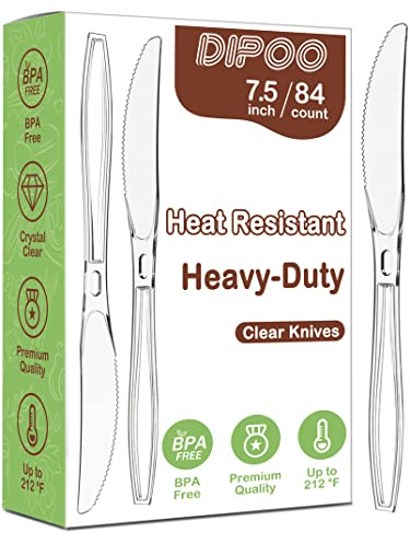 Dipoo 7.5 Clear Plastic Knives Heavy Duty Upgraded Heat Resistant & BPA Free, Solid and Durable Plastic Cutlery, Premium Disposable Knives, for Party Supply(84 Count)