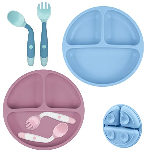 Vicloon 2 platos para bebé, 2 unidades de silicona antideslizante, bandeja con ventosa para bebés, sin BPA, platos de pie divididos para bebés y niños (rosa oscuro/azul gris)