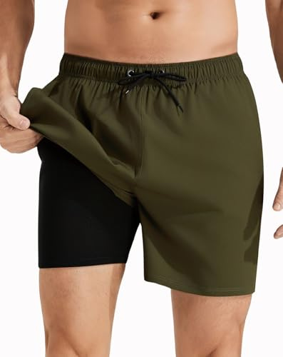 Roxdme Mens Swim Trunks with Compression Liner Quick Dry Beach Shorts with Zipper Pockets Army-Green