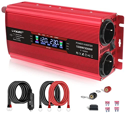 Convertidor de Voltaje 1500W 12V a 220V/230V Onda sinusoidal modificada Inversor de Corriente DC AC Power Inverter Transformador de Voltaje para Coche Camion