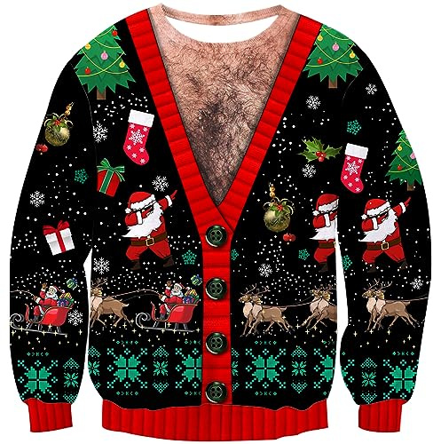 Loveternal Poil de Poitrine Pulls Noel Unisexe 3D Imprimé Chapeau de père Noël Christmas Jumper Manches Longues Ugly Xmas Pullover Vert XL