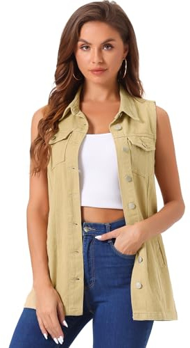 Allegra K Demin Gilet sans manches boutonné en jean mi-long pour femme | Boutonné, col rabattable, délavé, détruit, longueur cuisse, style western avec 4 poches