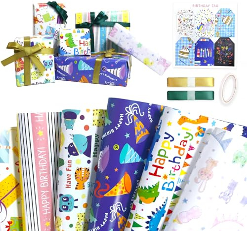 Niviy Carta da Regalo,70x50cm set 6 Fogli Carta Regalo Compleanno, Motivo Cartoon Adatta per Confezionare Regali per Ragazzi e Ragazze Happy Birthday