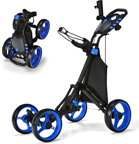 COSTWAY Chariot de Golf Pliable à Pousser ou à Tirer à 4 Roues, Chariot de Golf Léger avec Sac Imperméable et Frein à Pied Porte-Parapluie Réglable Poignée Réglable (Bleu)