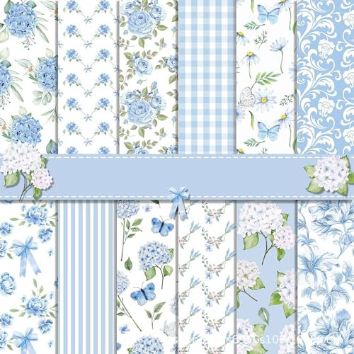 Scrapbook Papier 30x30 Scrapbook Bastelpapier mit Blumen Muster, Blau Scrapbooking Papier Frühling Motivpapier, 24 Blatt Doppelseitiges Dekorpapier für Journal Scrapbooking
