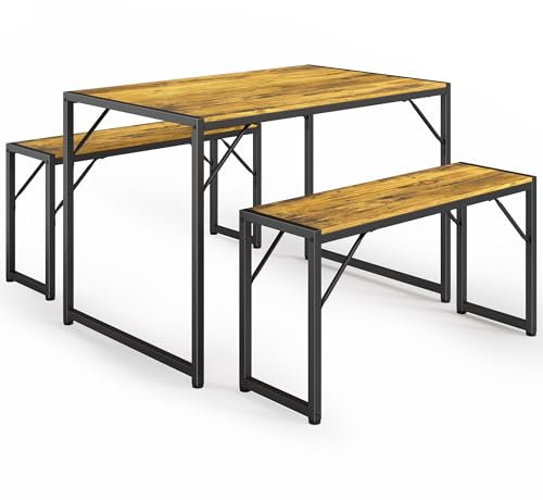 Bealife Esstisch 3er-Set, Küchentisch mit 2 Bänken, platzsparend, stabiles Stahlgestell, 3-teilig, höhenverstellbare Tischfüße, Pflegeleichte Oberfläche, für Esszimmer und Küche (Retro)