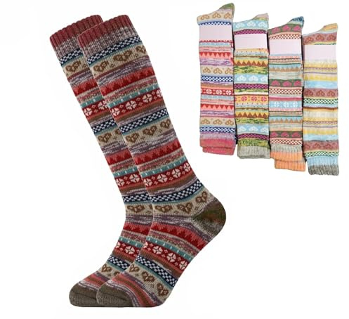 Pair of Ladies Soft Warm Knee High Long Nordic Fair-Isle Design Wool Blend Boot Socks Equestrian Horse Riding UK Size 4-7