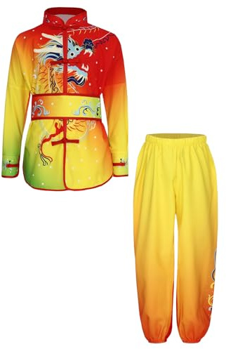 Miutii Conjunto de deporte para niños y niñas, uniforme de Tai Chi, camiseta de Kung Fu y pantalones Wushu Chándal chino Kung Fu Wing Chun, B Rojo Amarillo Verde, 122-128