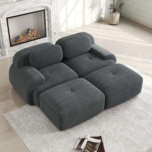 Bladez Sofá Cama Moderno de Pana Modular con Taburete Otomano, Sin Montaje, Sofá Tapizado Cloud con Función de Dormir, para Salón (Gris, 2 Plazas+2)
