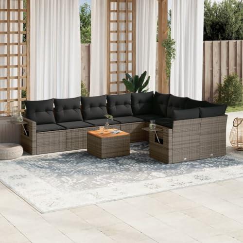 QZZCED Set di divani da giardino con tavolino pieghevole in rattan PE resistente e cuscini lavabili per terrazza o patio, mobili esterni modulari e superficie in legno di acacia