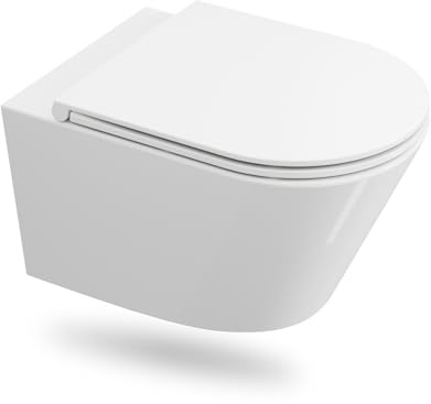 HOROW Wand WC Spülrandlos, Toilette mit 360° Einloch-Wirbelspülung, WC mit Toilettendeckel mit Absenkautomatik, Wassersparende Hänge WC, Toilettenschüssel Weiß mit Nano, 52,5 cm lang