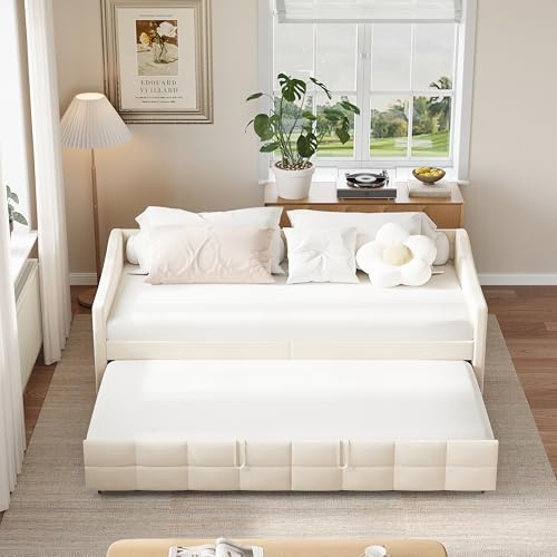 FUCMKON Divano letto allungabile, 90/180 x 200 cm, con rete a doghe, multifunzionale, letto estraibile, divano letto, letto per ragazzi, in velluto, senza materasso, per camera degli ospiti (beige, G