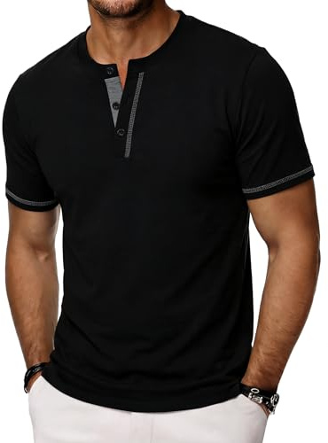Wayleb Tee Shirt Homme en Coton Henley T-Shirt avec Manches Courtes Col Tunisien à Boutons Décontracté Basique S-3XL
