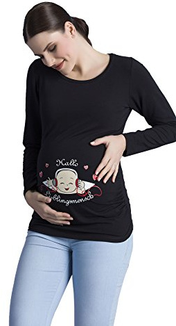 Hallo Lieblingsmensch - Camiseta divertido estampada de Manga Larga Premamá para Mujer Embarazo Lactancia T-shirt (Negro, Small)
