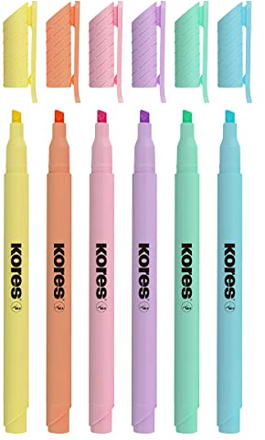 Kores - High Liner Fine: Evidenziatori a Penna, Punta Fina a Scalpello con Inchiostro a Base d'Acqua, Ideali per la Scuola e per l'Ufficio, Set da 6 Colori Assortiti