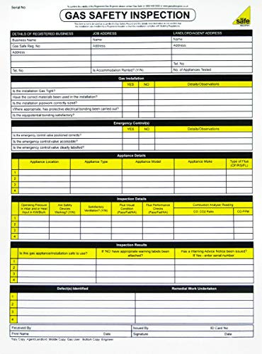 GAS SAFE ENGINEERS GAS SAFETY CHECK INSPECTION CERTIFICATE REPORT SHEET PAD 50 SET BOOK
