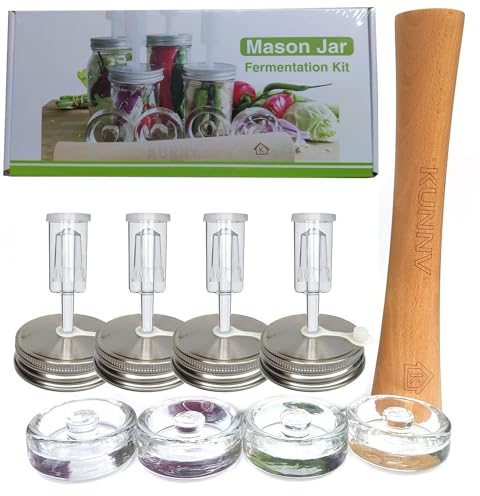 Complete Mason Jar Fermentation Kit - Sauerkraut Pounder + 4pc Glass Weights + 4pc water airlocks Easy Wide Mouth Jars Vegetable Fermenting Set -Suitable for 86MM mason jar (Jars Not Included)