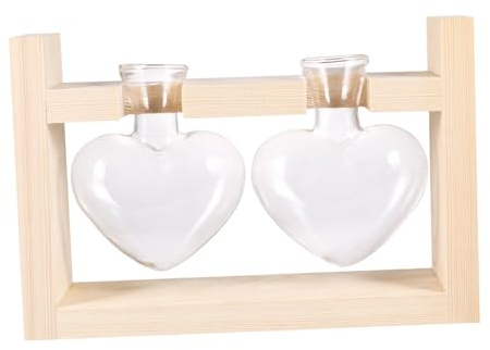 Yardwe 2piezas Jarrón Forma De Corazón Contenedor Hidropónico para Plantas con Soporte De Madera Adorno para Jarrón De Vidrio para Terraza o Sala De Estar