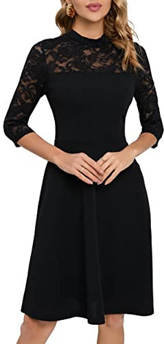 HOMEYEE Damen Elegant Spitze 3/4 Ärmel Rockabilly Kleid Retro Knielang Cocktailkleid für Hochzeit A368 (M, Schwarz)