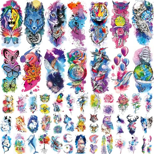 JEEFONNA 86 Sheets Temporary Tattoo, 14 Sheets Large Half Arm Fake Flower Cat Owl Lion Tattoos, 72 Sheets Tiny Waterproof Semi Permanent Temporary Tattoos Realistic for Women Girls Kids Adults