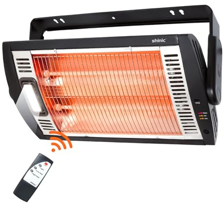 Shinic Electric Garage Heaters with Remote Control, 1500W/750W Ceiling Mounted Radiant Quartz Heater with Work Light, 90° Rotation, 5 Mode Settings, Electric Heater for Garage, Shop, Patio Large Room