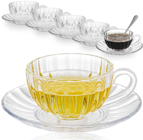 GURUDAR Glass Tea Cups and Saucers Set of 6, Clear Coffee Mugs with Stainless Steel Spoon, Dishwasher & Microwave Safe Teacups for Espresso Cappuccino Latte Tea Juice, 6OZ/180ML